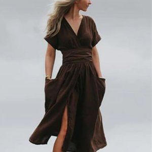 Women's Short-Sleeved V-Neck Pocket Solid Loose Cotton/Linen Dresse